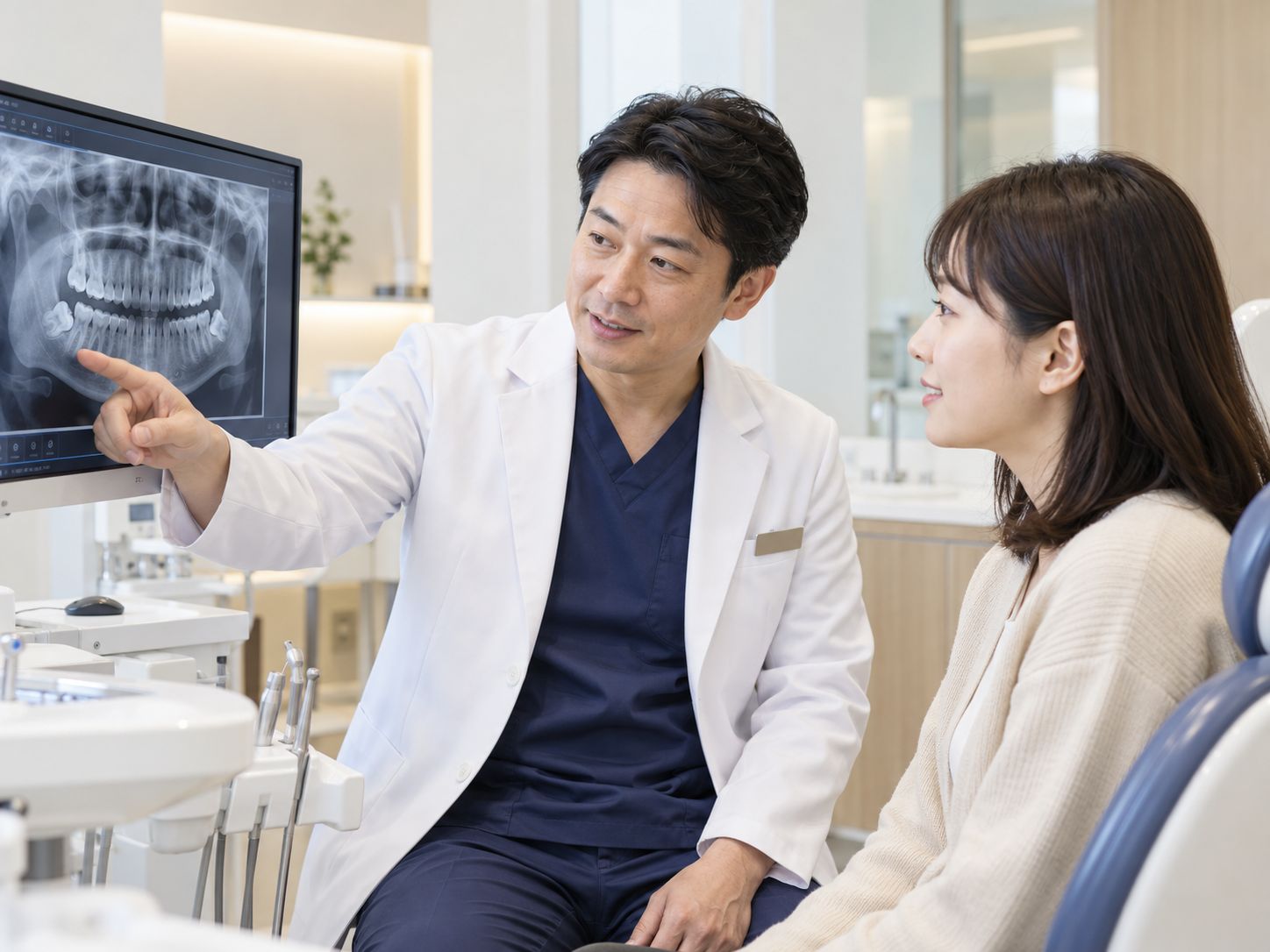 院長と患者さんが同じ画面を見ている横構図