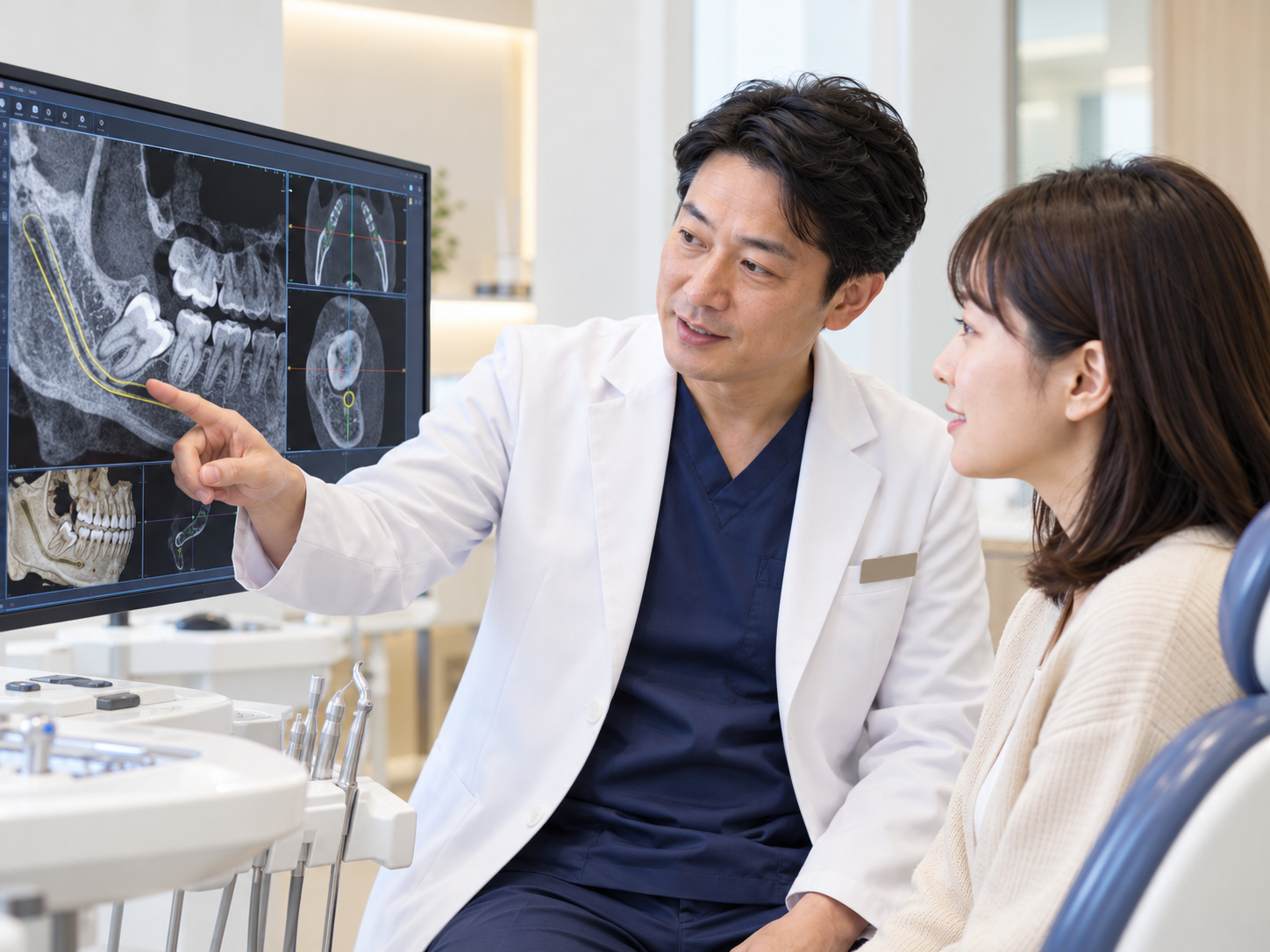 歯科用CTの画像を確認しながら説明している様子